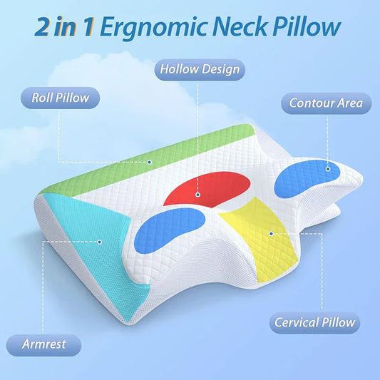 2-in-1 Ergonomic Memory Foam Cervical Pillow Orthopedic Neck Support Grey